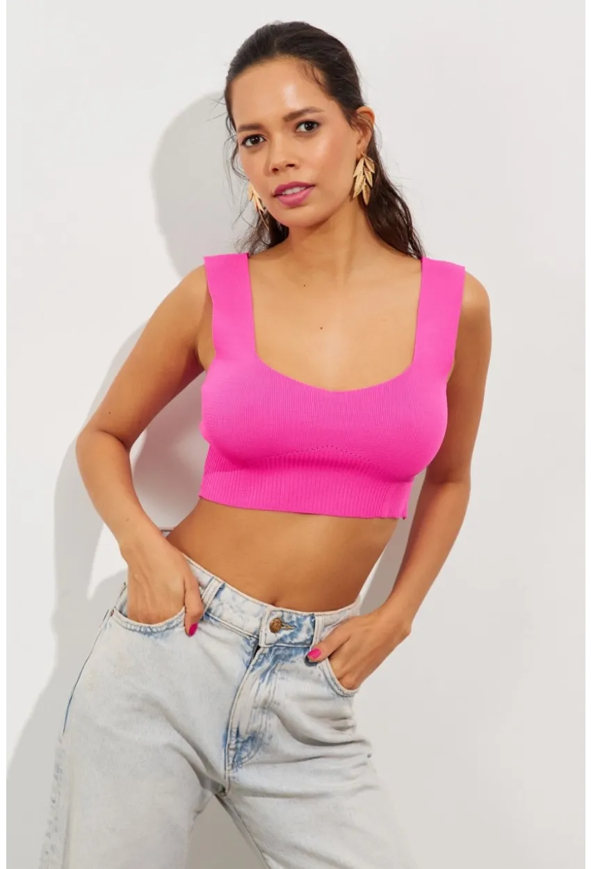Kadın Fuşya Triko Crop Atlet YV118