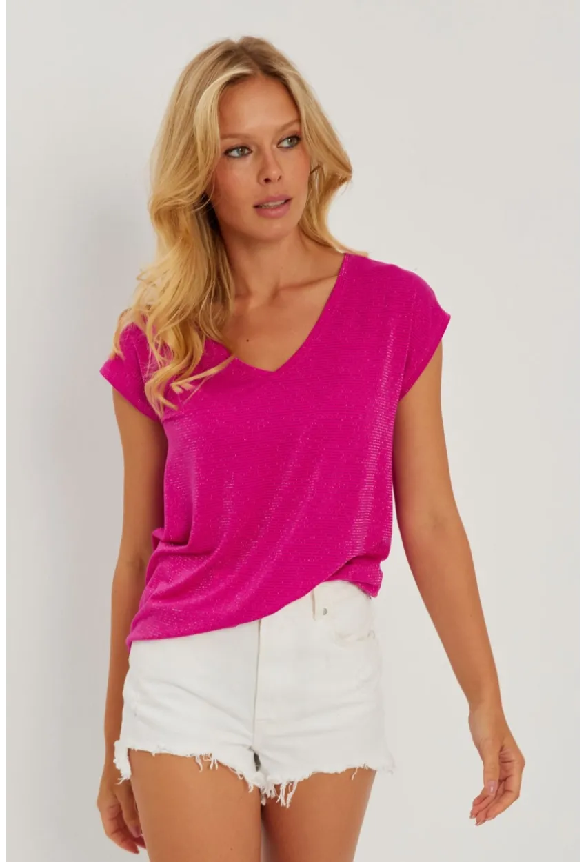 Kadın Fuşya V Yaka Simli Bluz RX436