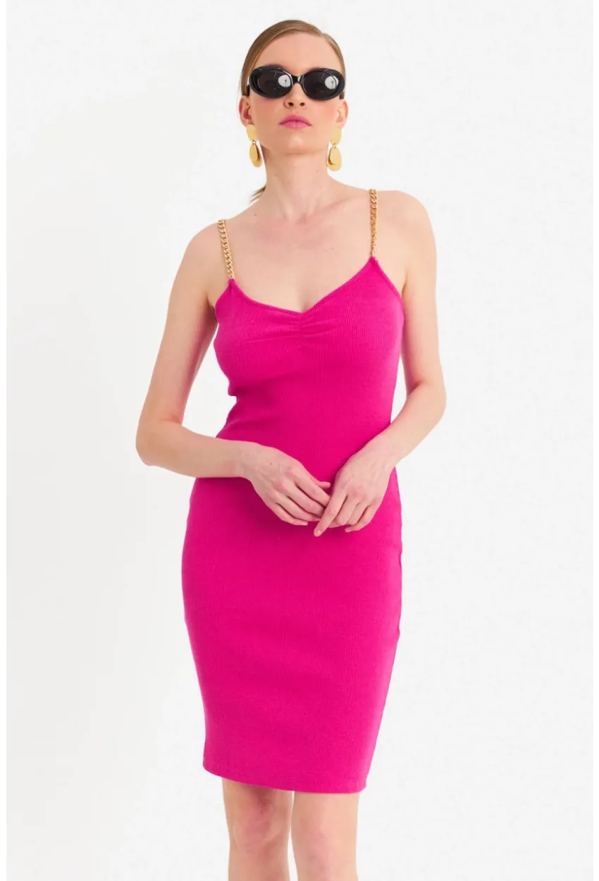 Kadın Fuşya Zincir Askılı Kaşkorse Midi Elbise UR204