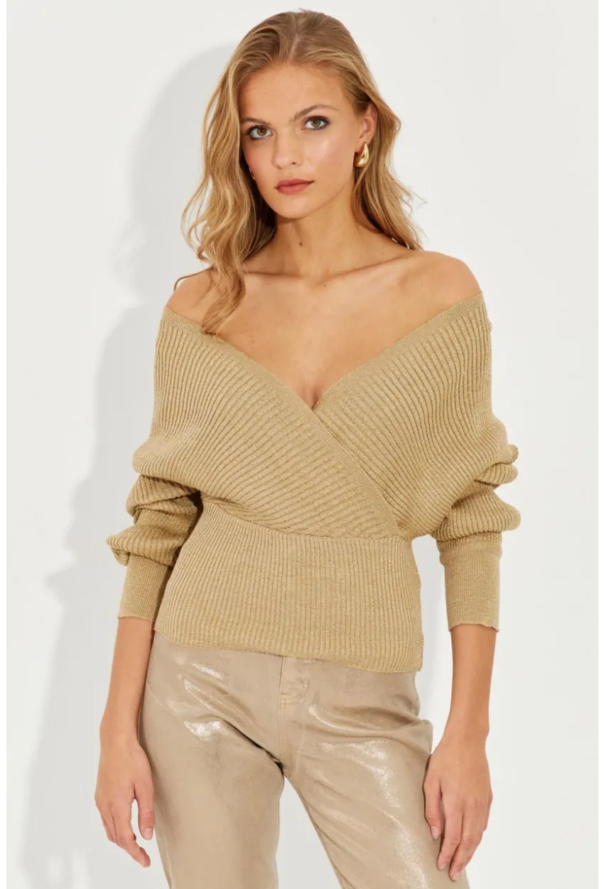 Kadın Gold Rengi Kruvaze Simli Kazak KED125