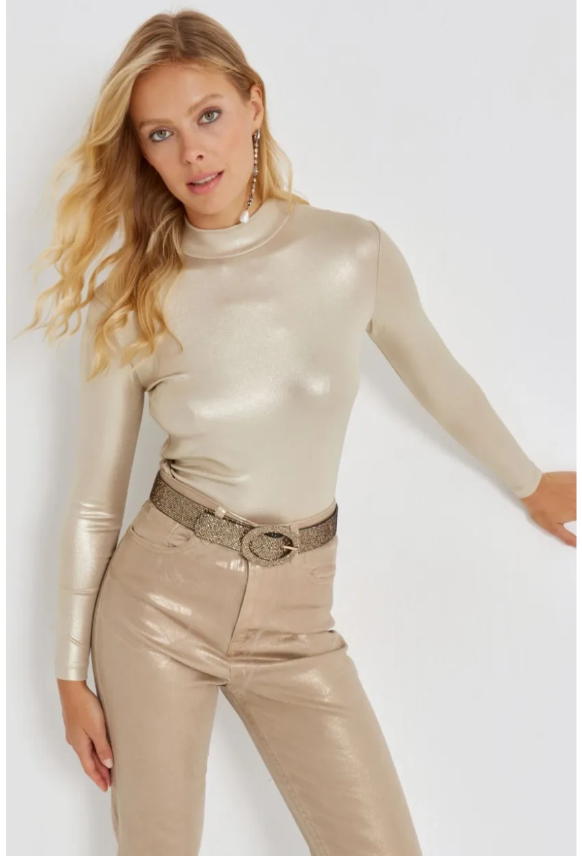 Kadın Gold Rengi Parlak Bluz LPP1245