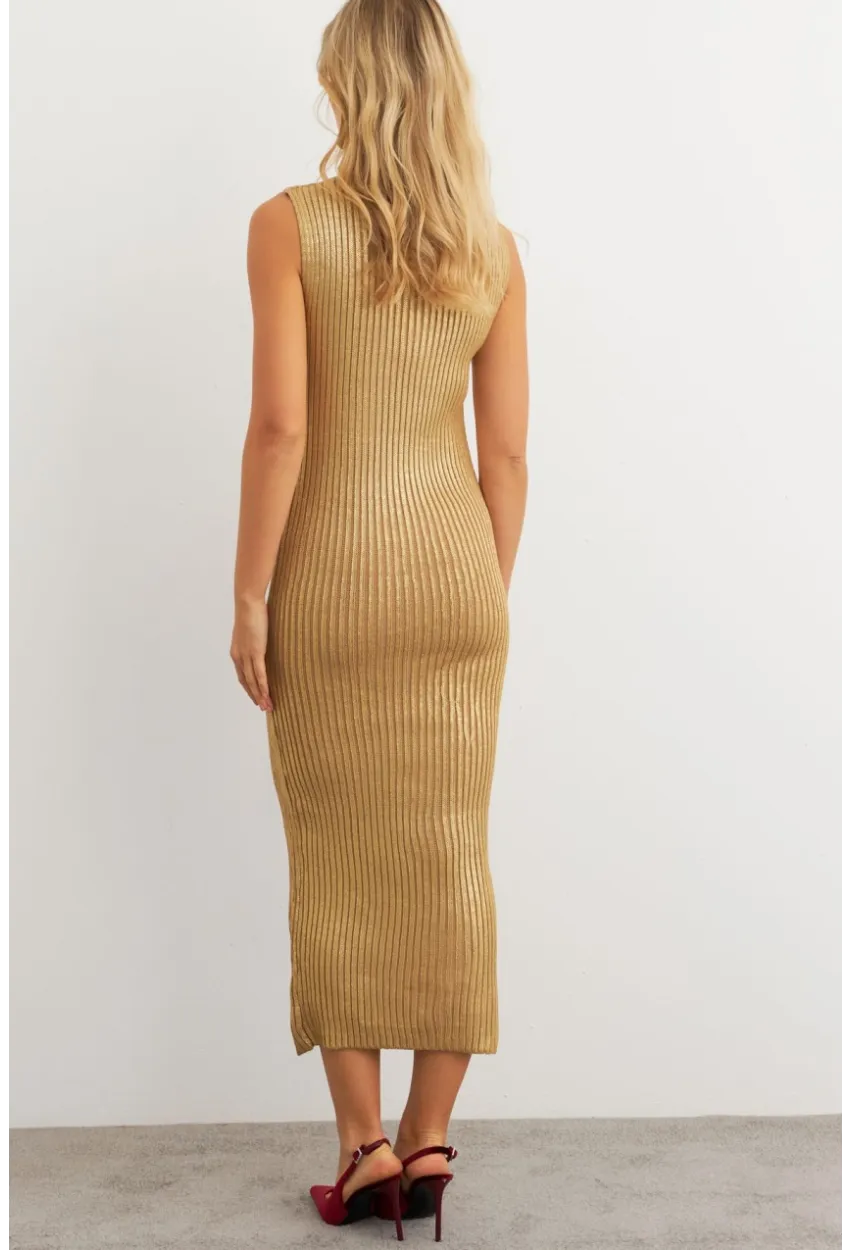 Kadın Gold Rengi Varaklı Balıkçı Maxi Elbise RM599