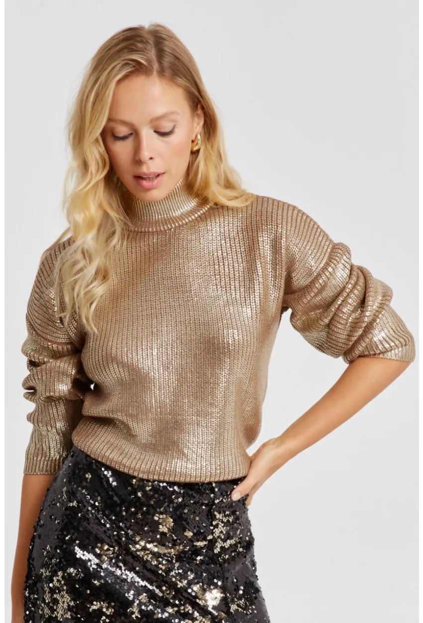 Kadın Gold Rengi Varakli Triko Bluz SF2530