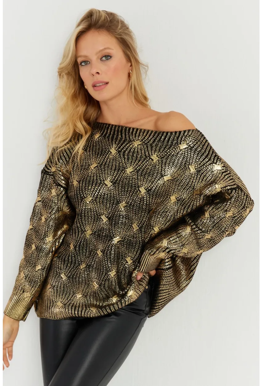 Kadın Gold Rengi Varaklı Triko Kazak SF2533
