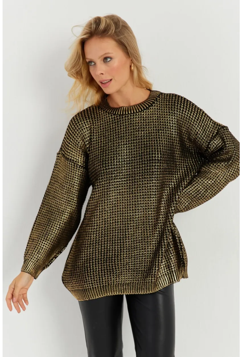 Kadın Gold Rengi Varaklı Triko Kazak SF2534