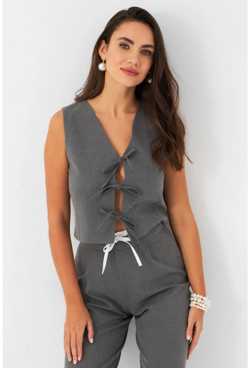 Kadın Gri Bağlama Detaylı Astarlı Yelek ELA6645