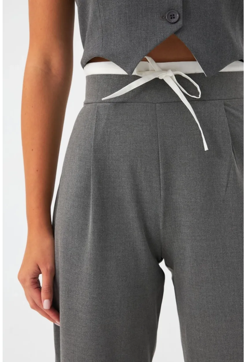 Kadın Gri Beli Bağlamalı Palazzo Pantolon ELA3972