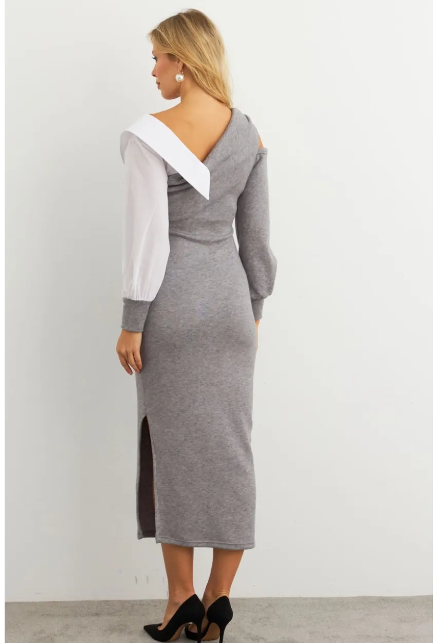Kadın Gri Blok Kumaşlı Asimetrik Yaka Maxi Elbise KED4469