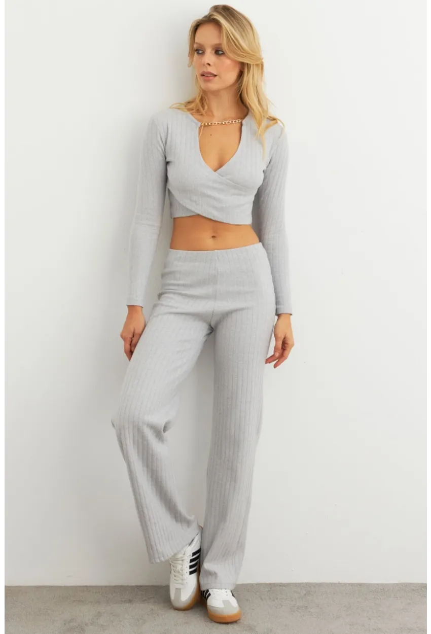 Kadın Gri Crop Üstlü İkili Pantolon Takım XL10052