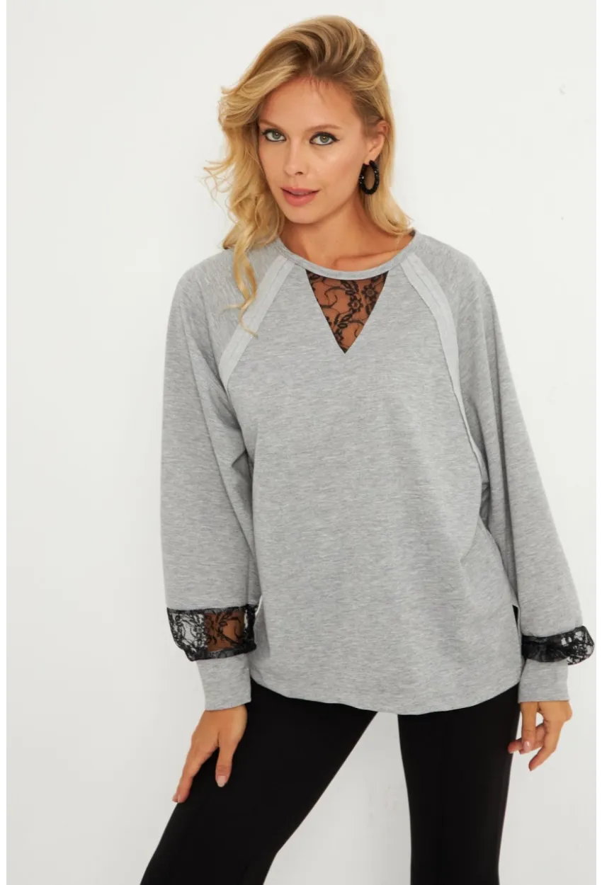 Kadın Gri Dantel Detaylı Sweatshirt EY2906