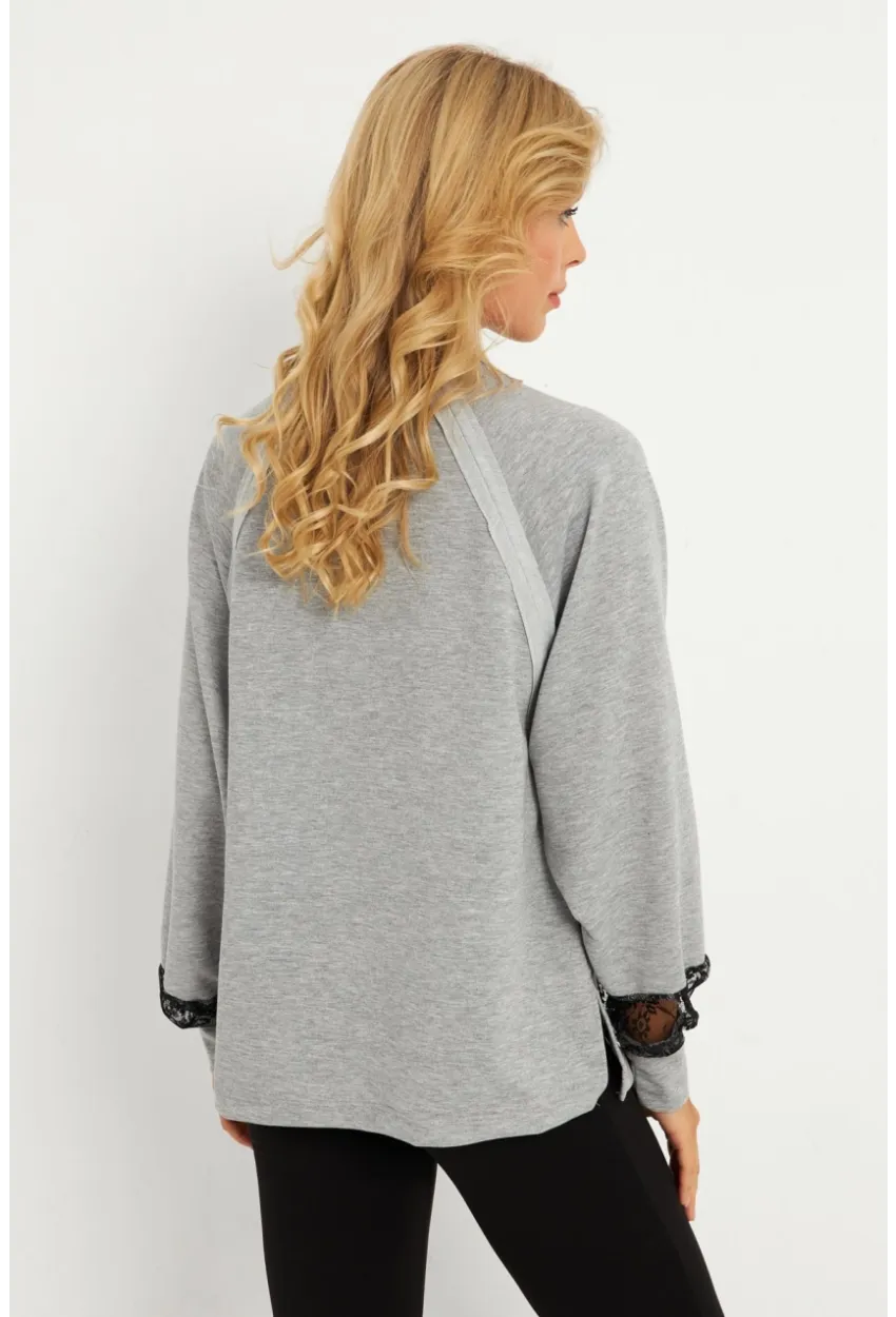 Kadın Gri Dantel Detaylı Sweatshirt EY2906