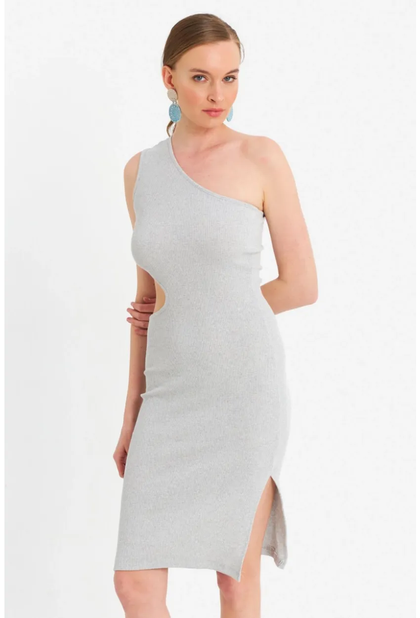 Kadın Gri Dekolteli Kaşkorse Midi Elbise OR2460