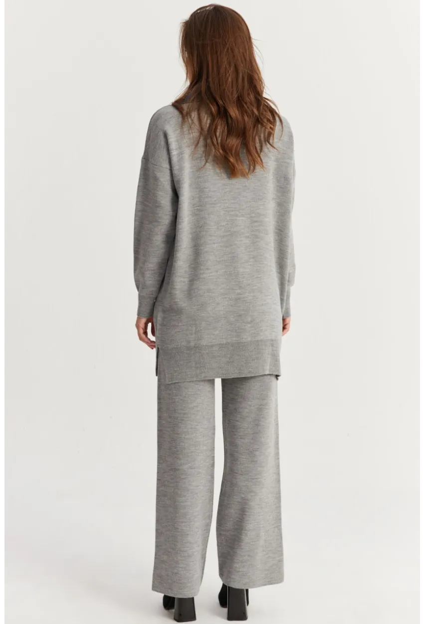 Kadın Gri Denim Yakalı İncili Alt Üst Triko Takım NUV22