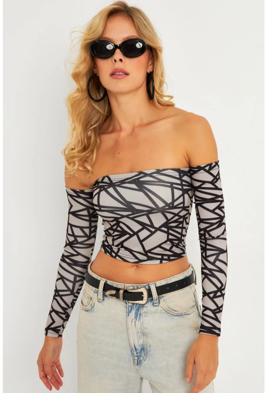 Kadın Gri Desenli Crop Bluz CG378