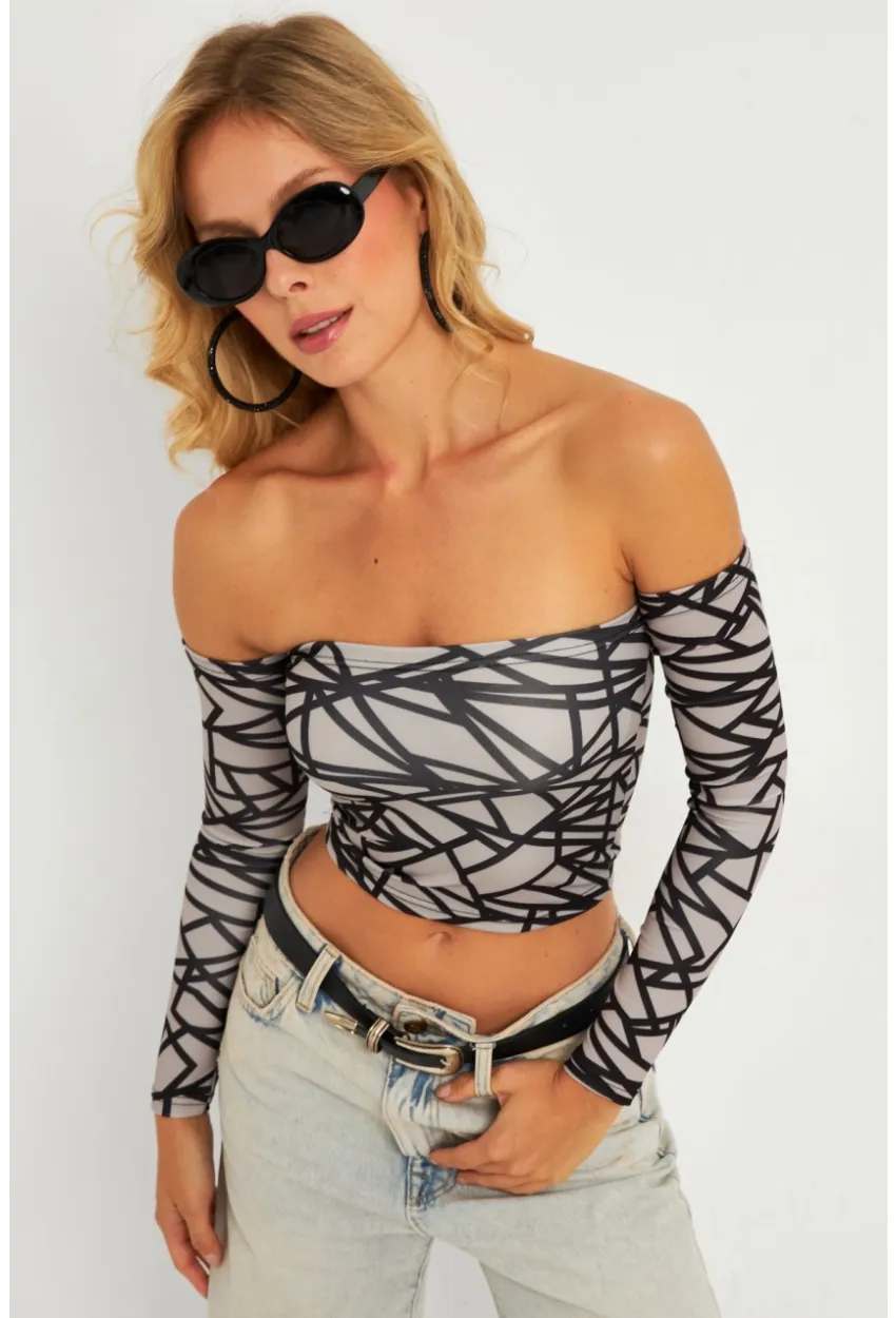 Kadın Gri Desenli Crop Bluz CG378