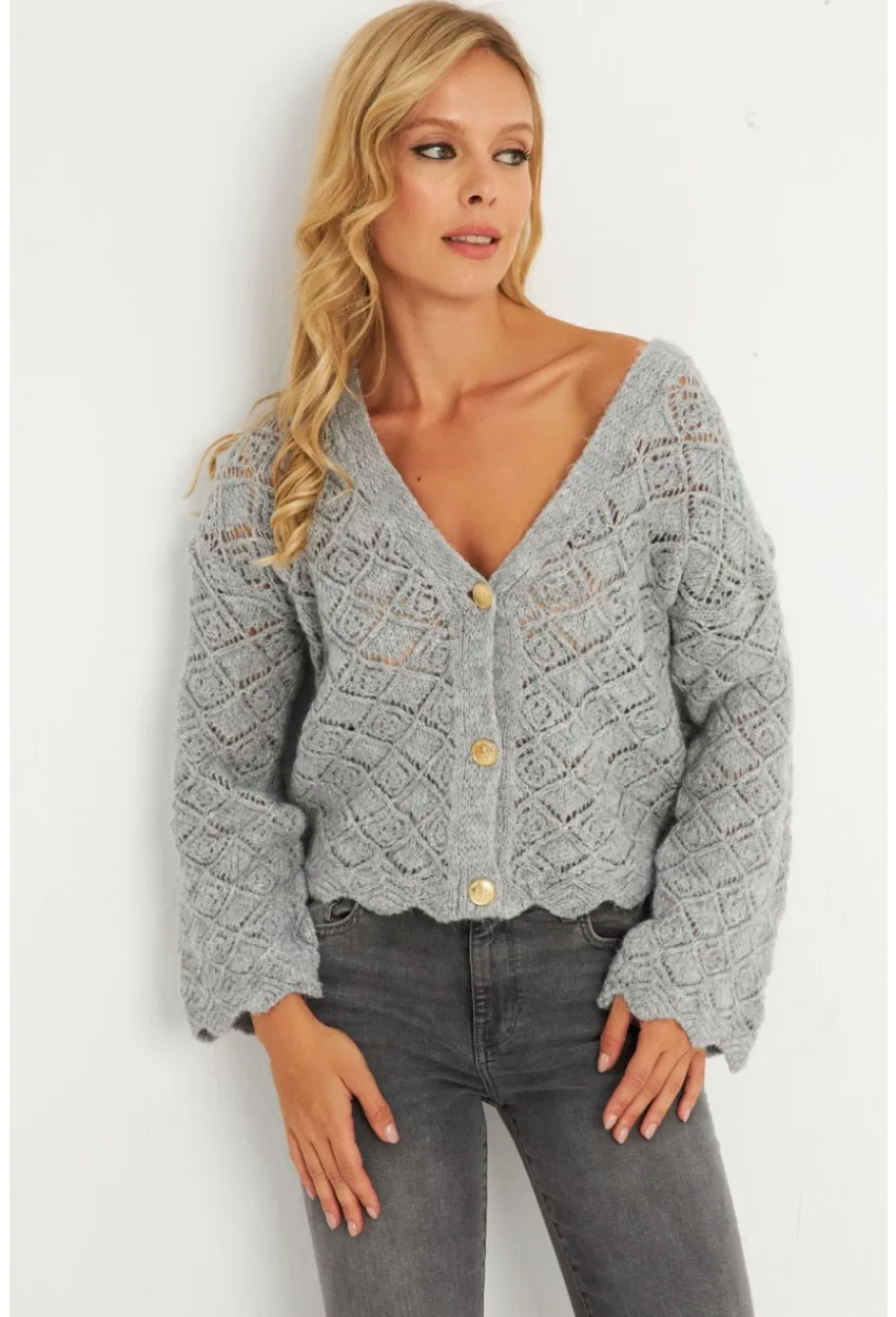 Kadın Gri Düğme Detaylı Hırka YV276