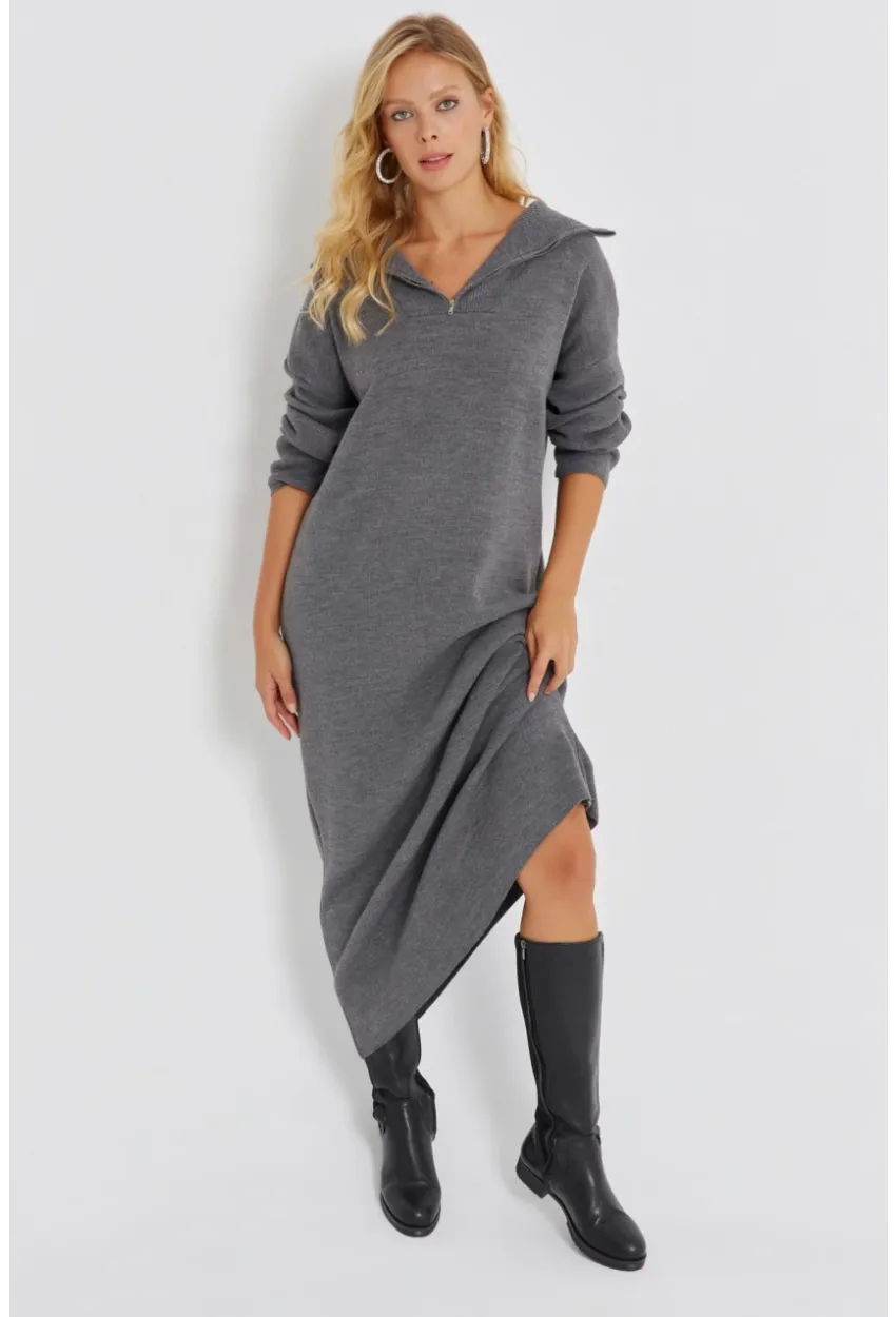 Kadın Gri Fermuarlı Triko Maxi Elbise SF2525