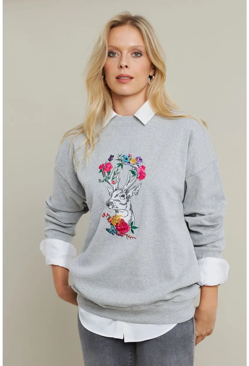 Kadın Gri-Fuşya Nakışlı Sweatshirt YLE20