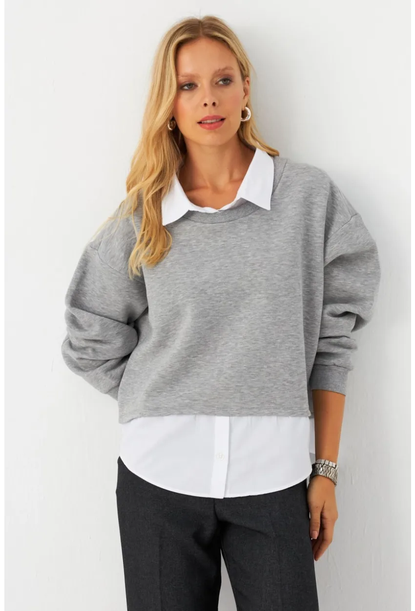 Kadın Gri Gömlek Detaylı Sweatshirt MAYD21