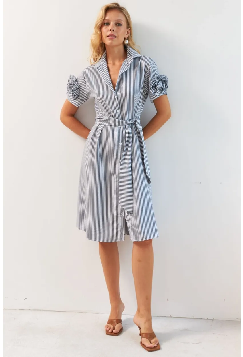 Kadın Gri Gül Detaylı Midi Gömlek Elbise SF12812