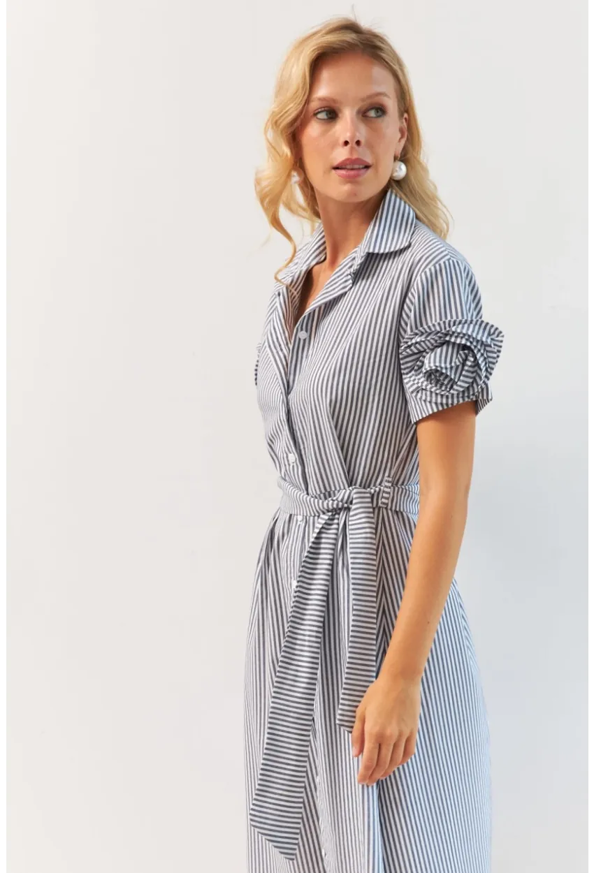 Kadın Gri Gül Detaylı Midi Gömlek Elbise SF12812