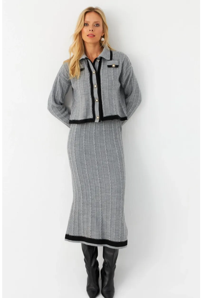 Kadın Gri İkili Alt Üst Triko Takım NUV34