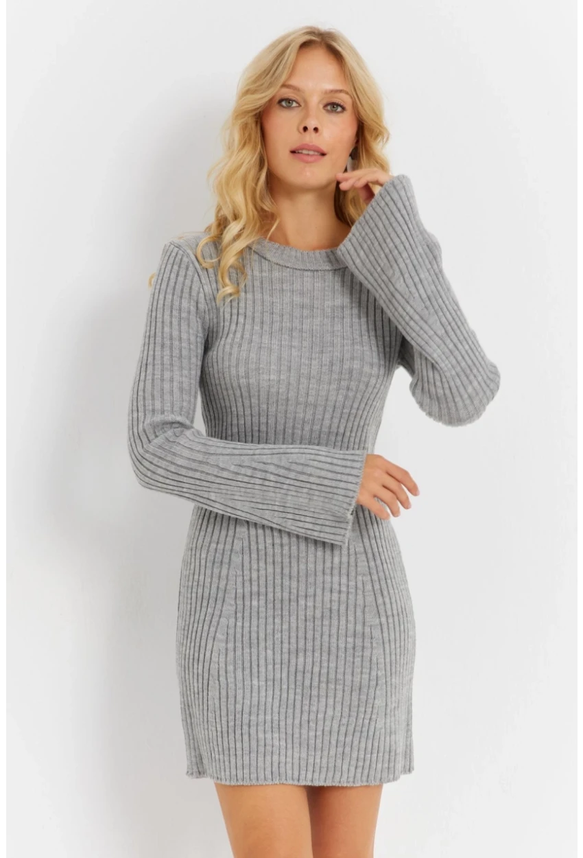 Kadın Gri İspanyol Kol Triko Mini Elbise YV273