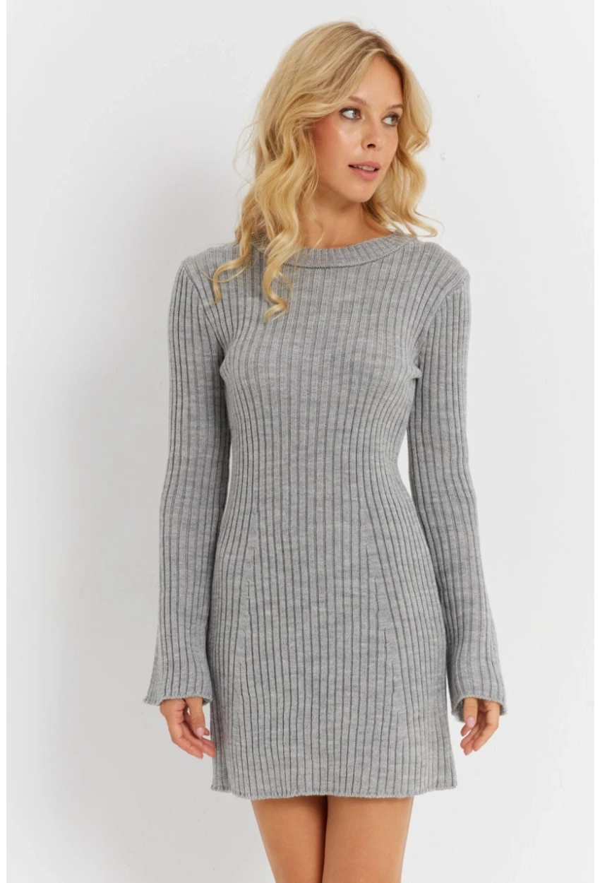 Kadın Gri İspanyol Kol Triko Mini Elbise YV273
