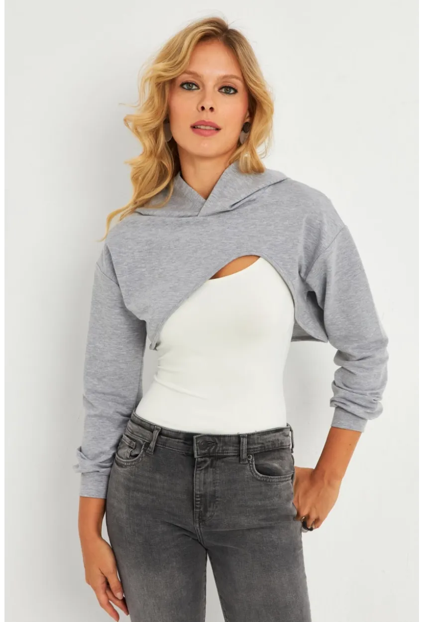 Kadın Gri Kapüşonlu Crop Sweatshirt  TF03