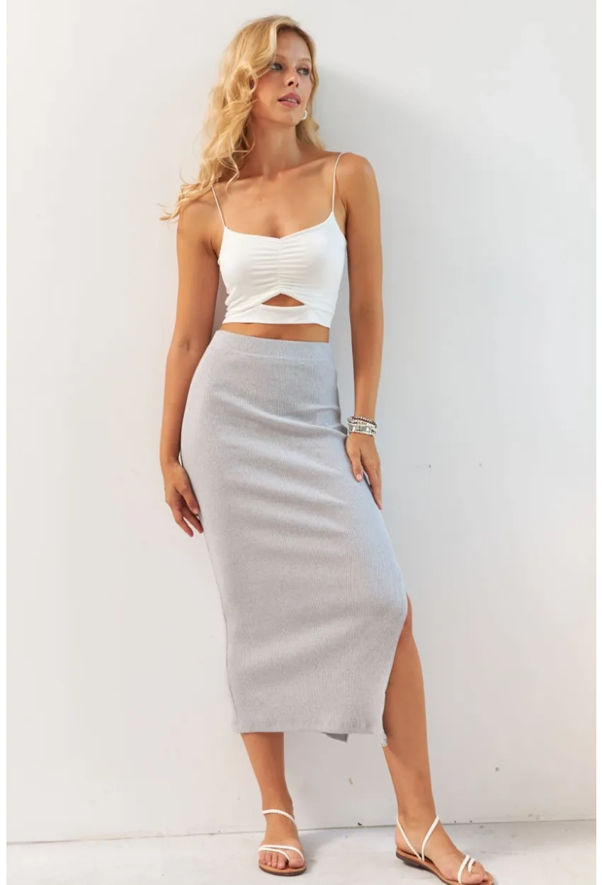 Kadın Gri Kaşkorse Midi Etek XL2034