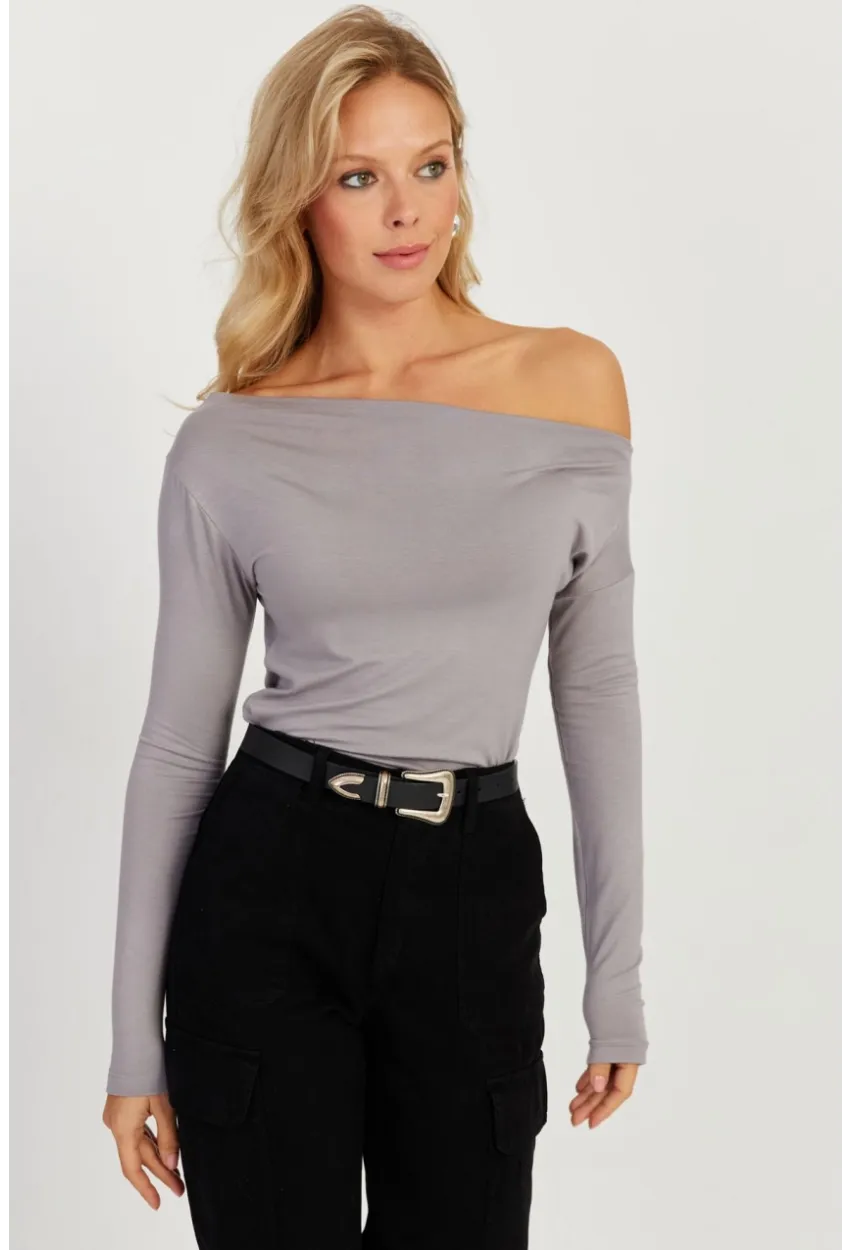 Kadın Gri Kayık Yaka Bluz LPP1254