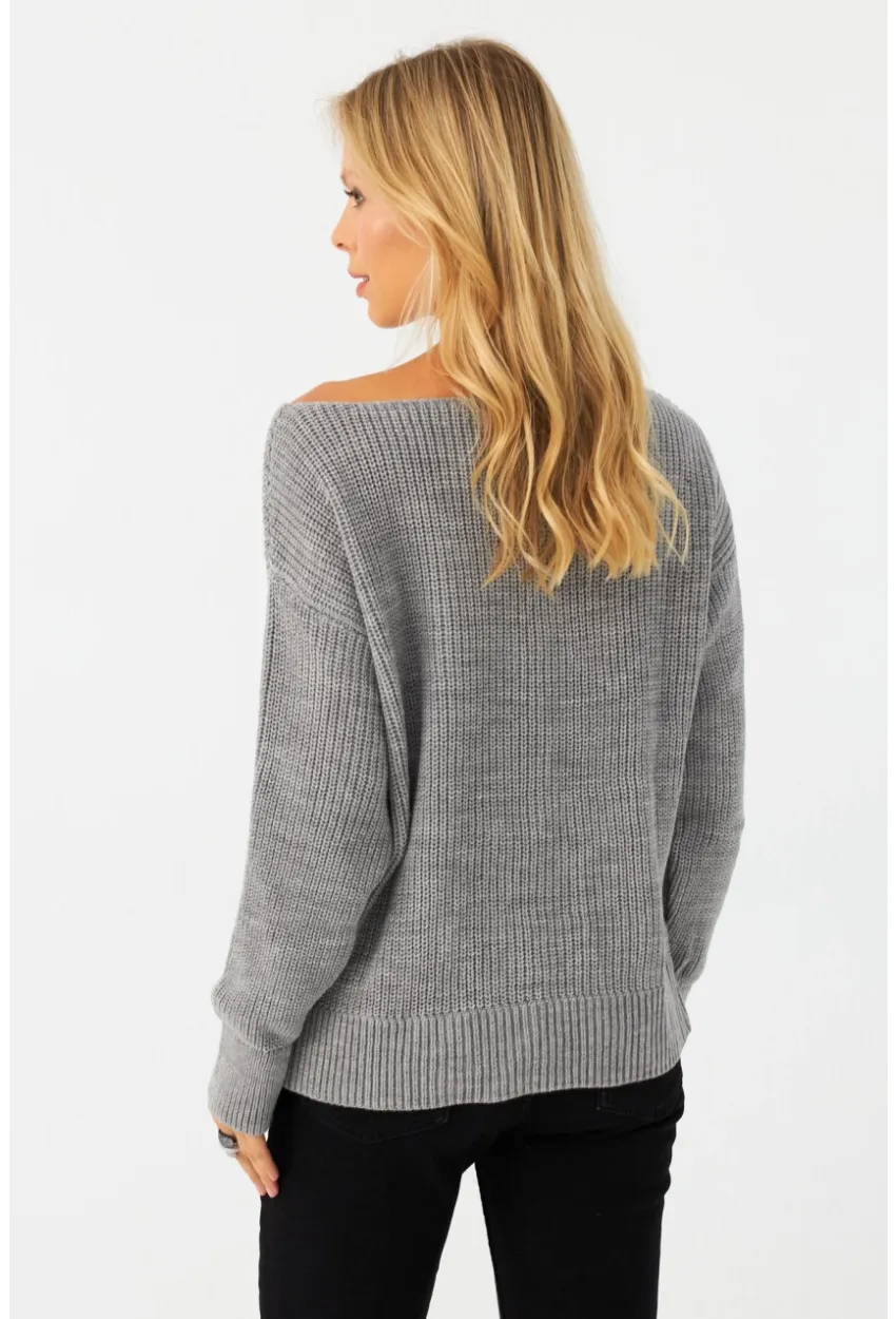 Kadın Gri Kayık Yaka Kazak AYD392