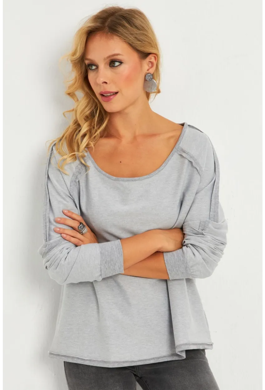 Kadın Gri Kayık Yaka Ters Dikişli Sweatshirt TF10