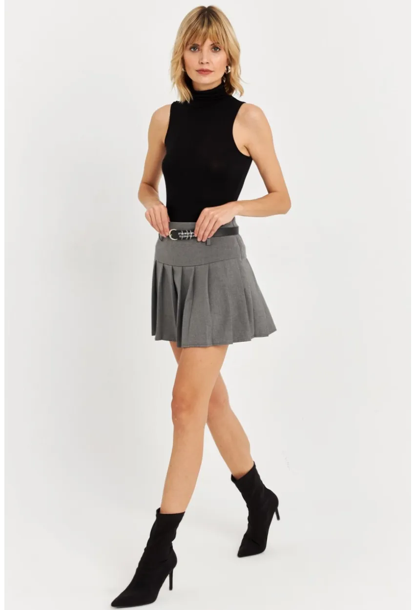 Kadın Gri Kemerli Pilili Mini Etek ELA6024