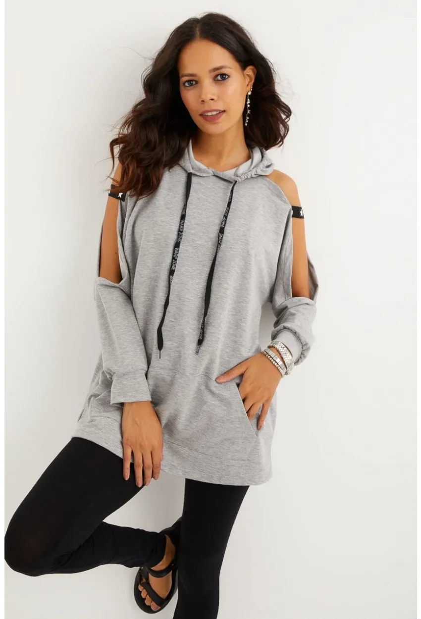 Kadın Gri Kolları Açık Kapüşonlu Sweatshirt Yİ2356