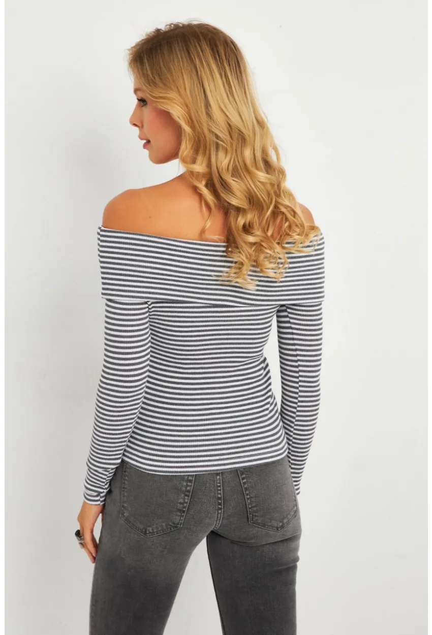 Kadın Gri Madonna Yaka Çizgili Bluz XL2400