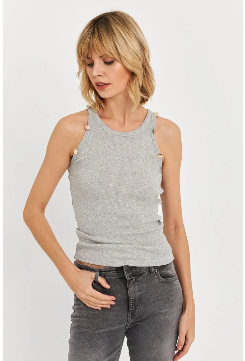 Kadın Gri Melanj Düğme Detaylı Kolsuz Kaşkorse Bluz TF55