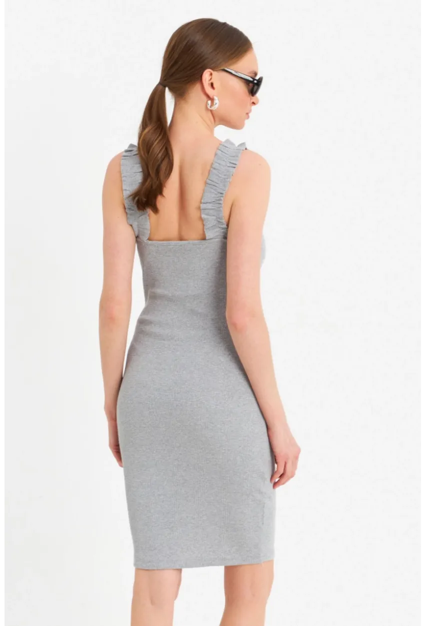 Kadın Gri Omuz Bantlı Kaşkorse Mini Elbise URO203