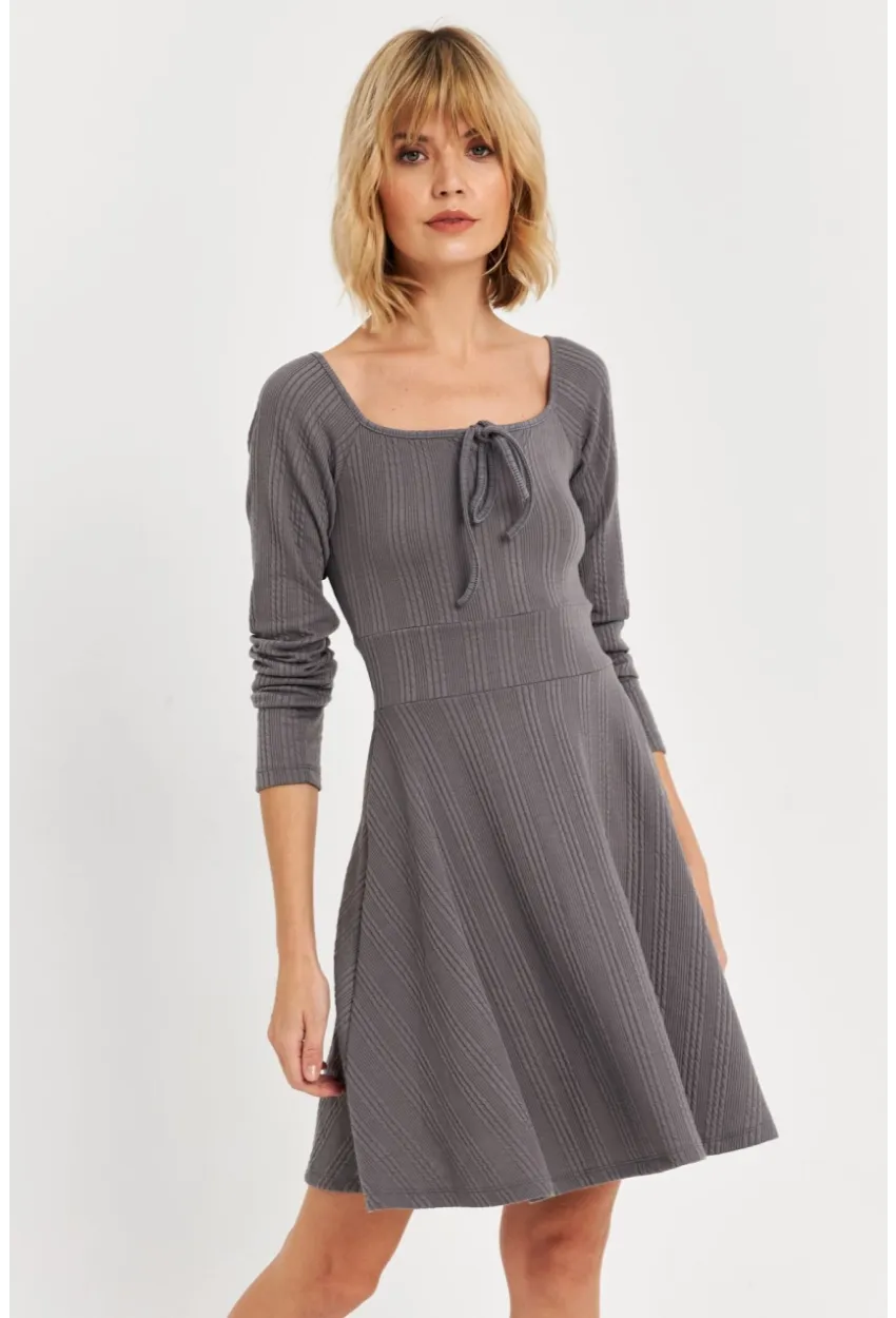 Kadın Gri Önü Bağlamalı Mini Elbise TF59
