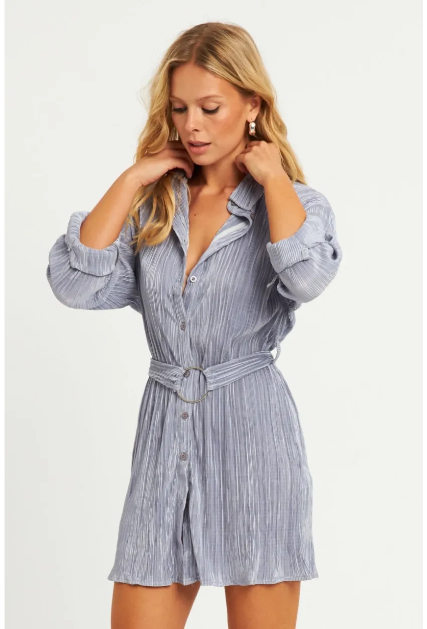 Kadın Gri Piliseli Kemerli Mini Elbise TW70124-90