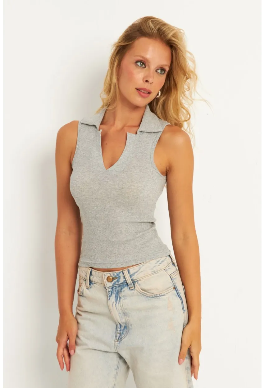 Kadın Gri Polo Yaka Kaşkorse Bluz MK10