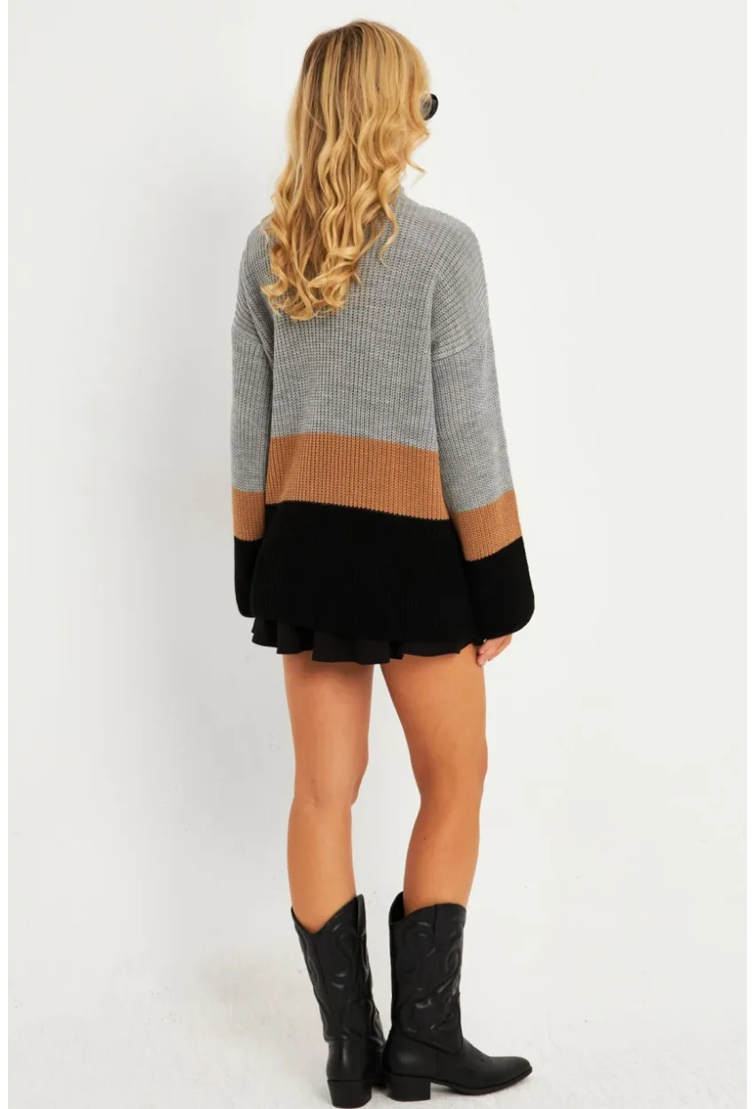 Kadın Gri Renk Bloklu Kazak YV277