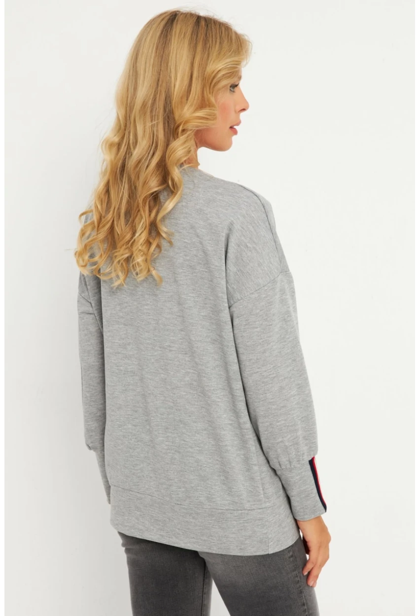 Kadın Gri Şerit Detaylı V Yaka Sweatshirt  EY2905