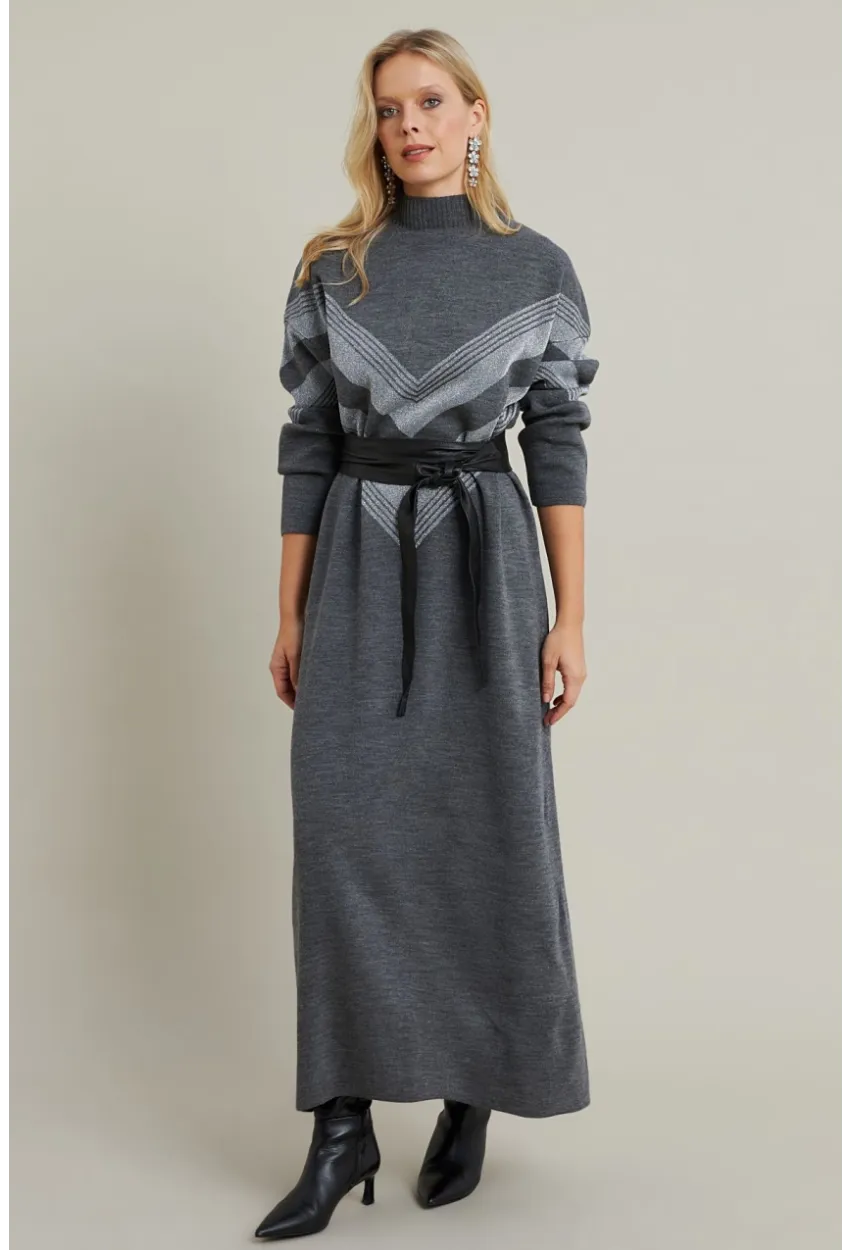 Kadın Gri Simli Maxi Triko Elbise MTC3215