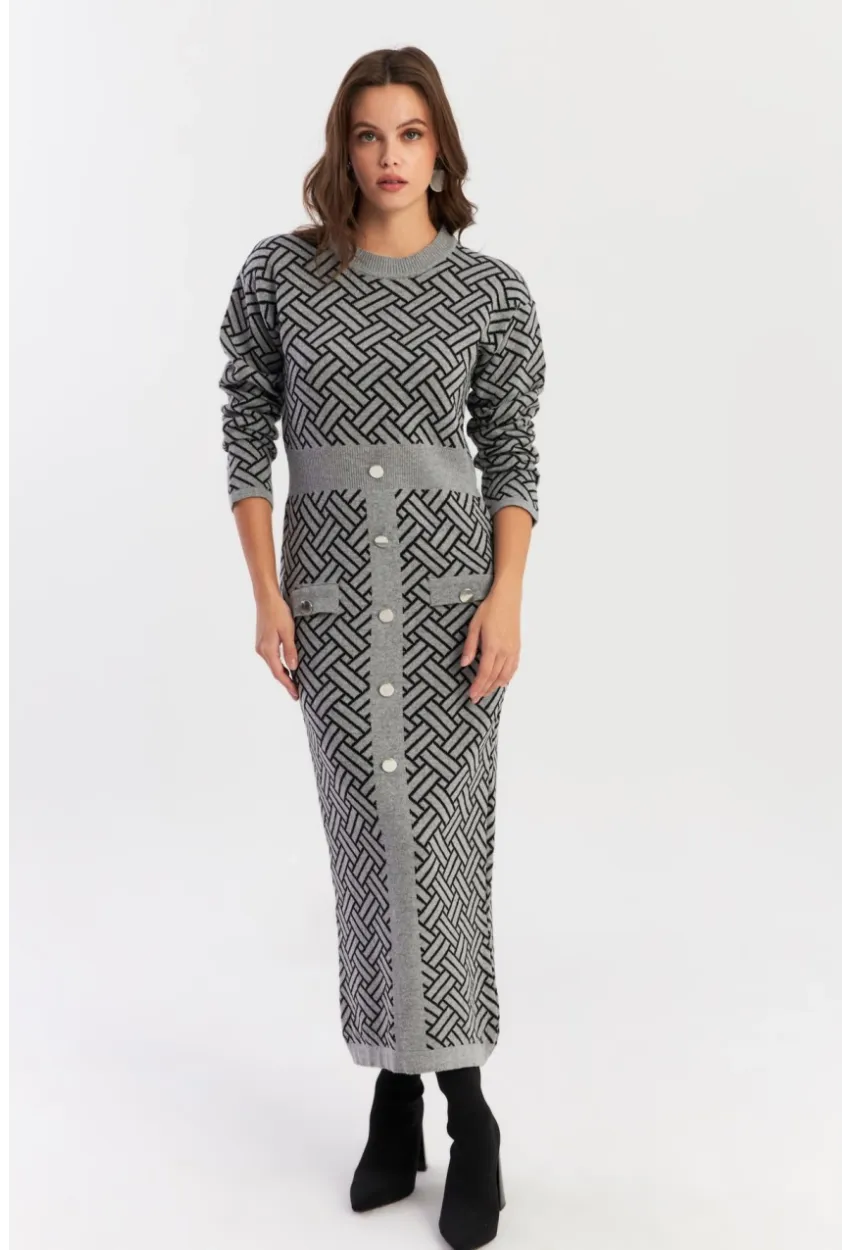 Kadın Gri-Siyah Düğme Aksesuarlı Desenli Maxi Elbise NUV41