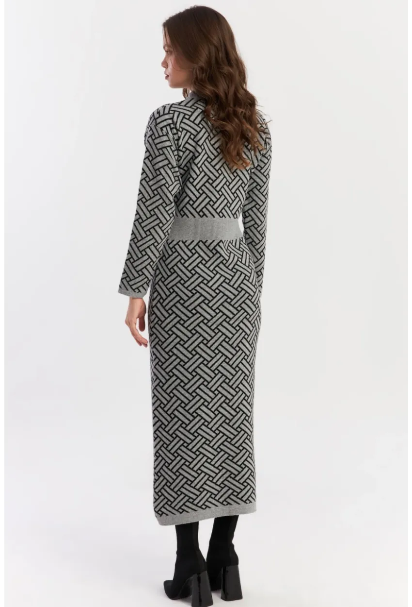 Kadın Gri-Siyah Düğme Aksesuarlı Desenli Maxi Elbise NUV41