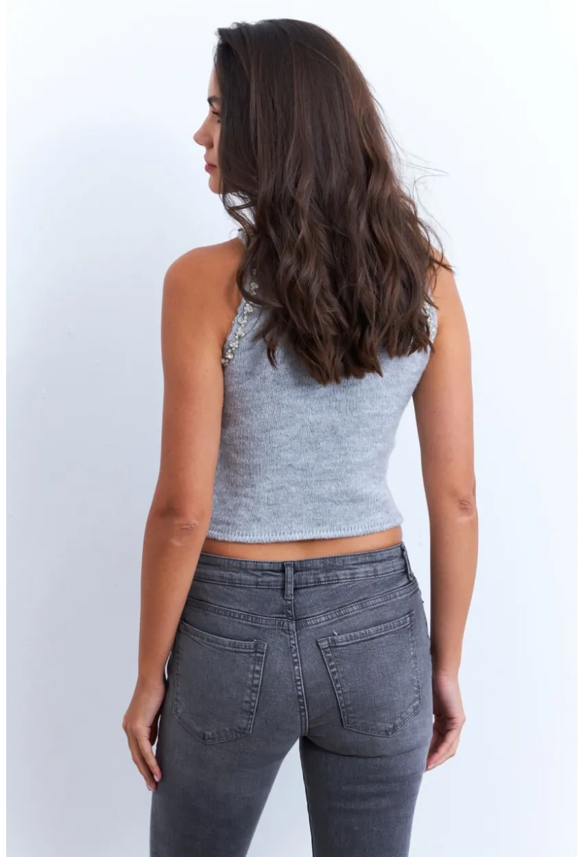 Kadın Gri Taş Detaylı Triko Bluz KED172