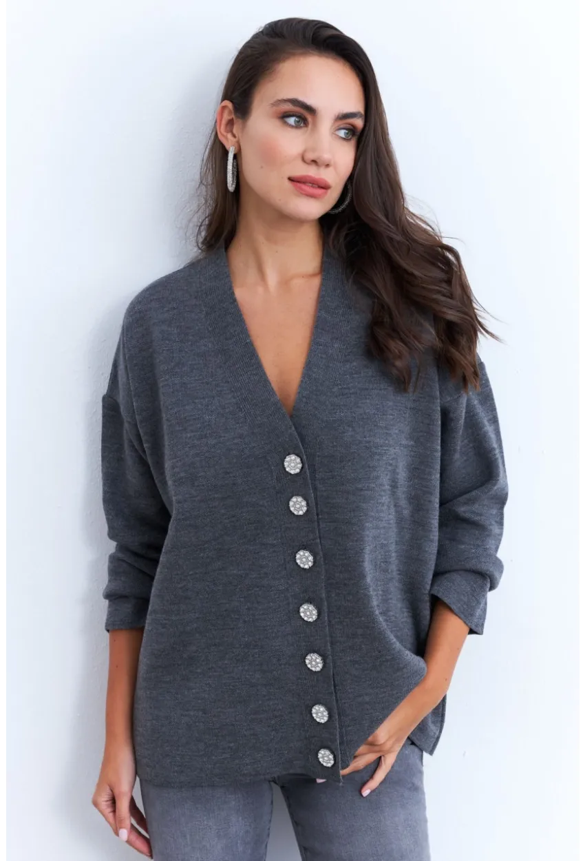 Kadın Gri Taşlı Düğmeli Hırka MİW4572