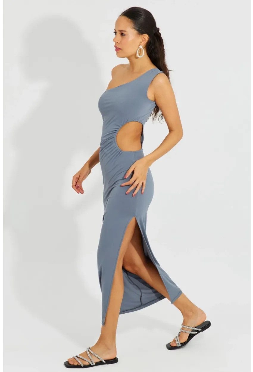 Kadın Gri Tek Omuz Yırtmaçlı Maxi Elbise B2629