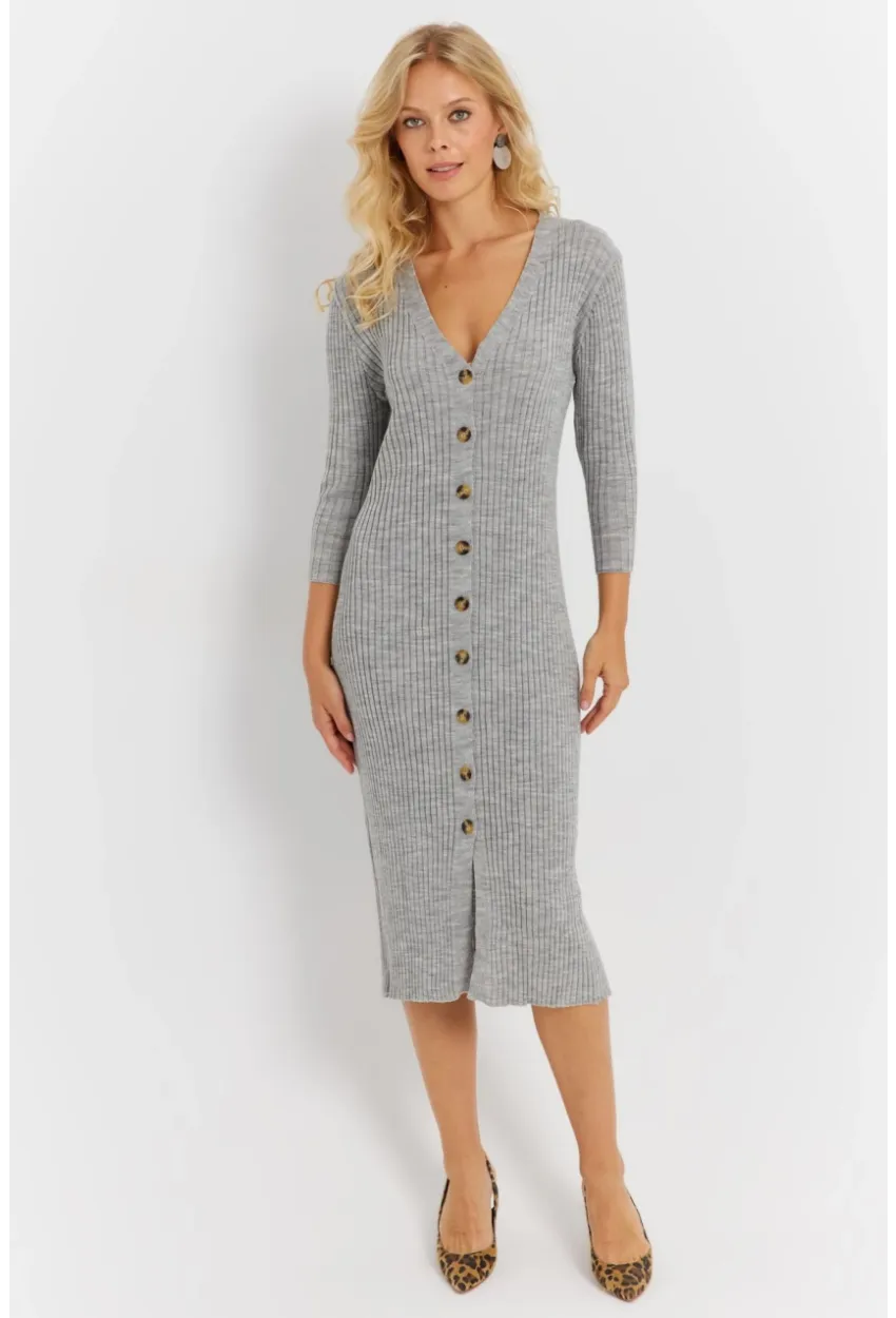 Kadın Gri Triko Midi Gömlek Elbise YV274